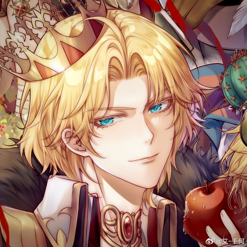 >:), 1boy, ai-qian_he, apple, aqua_eyes, blonde_hair, cactus, chinese_commentary