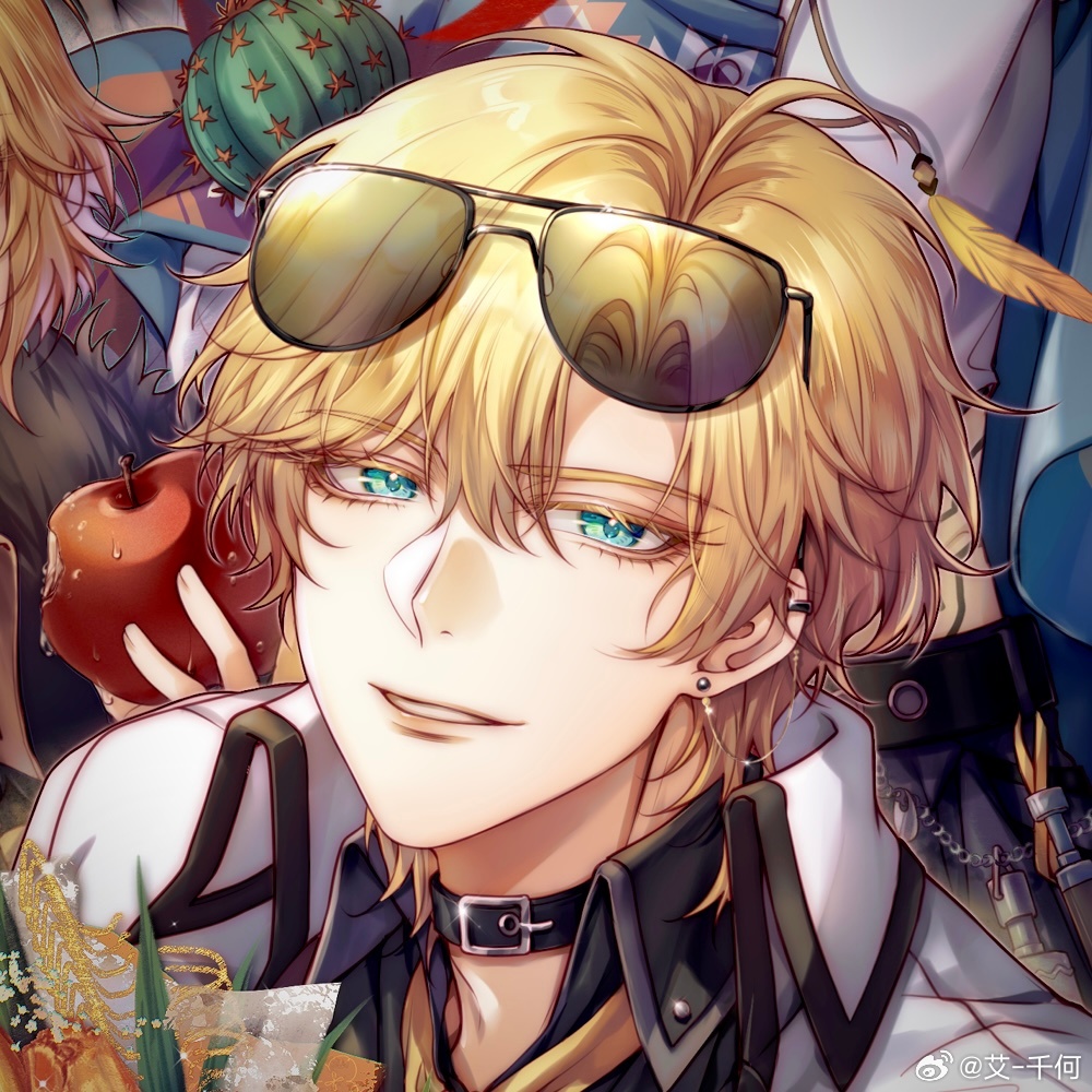 1boy, ai-qian_he, apple, aqua_eyes, belt_collar, black_collar, black_shirt, blonde_hair