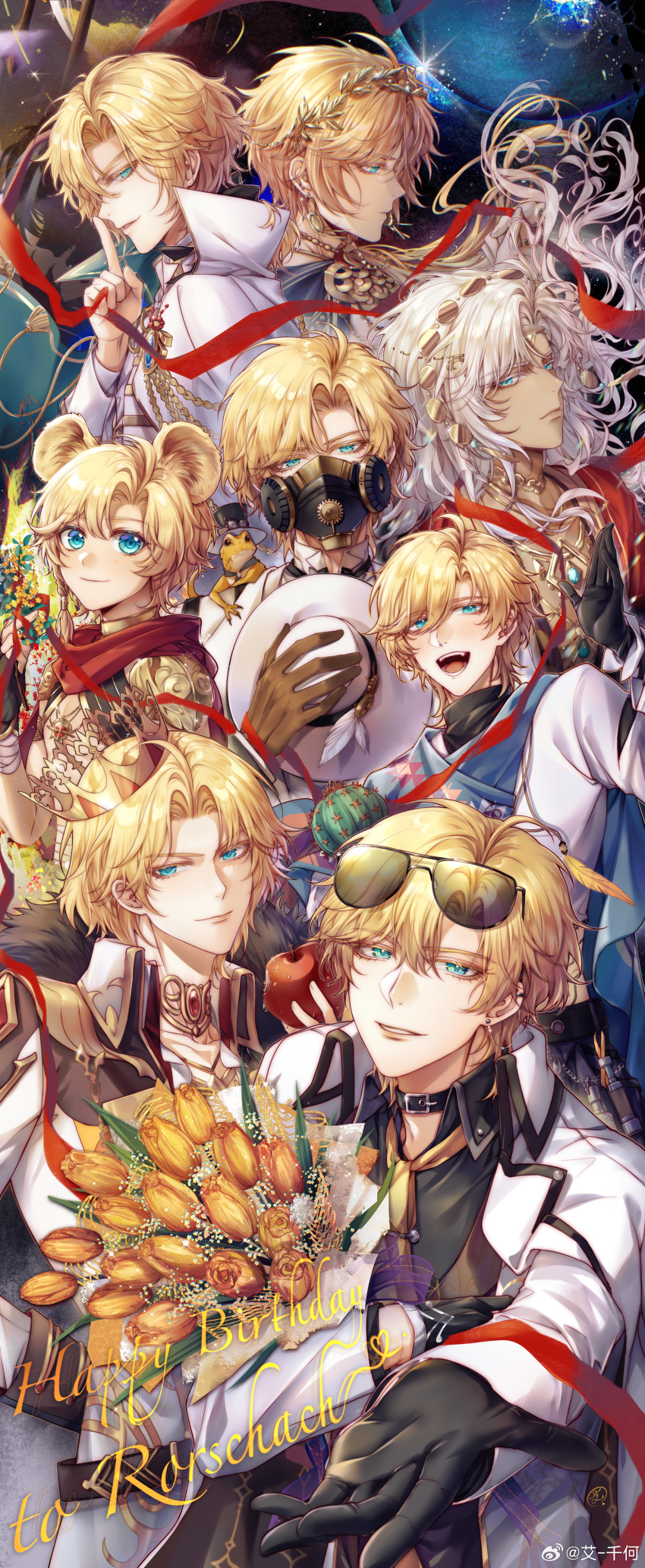 >:), 6+boys, :d, absurdres, ai-qian_he, aiguillette, animal, animal_ears