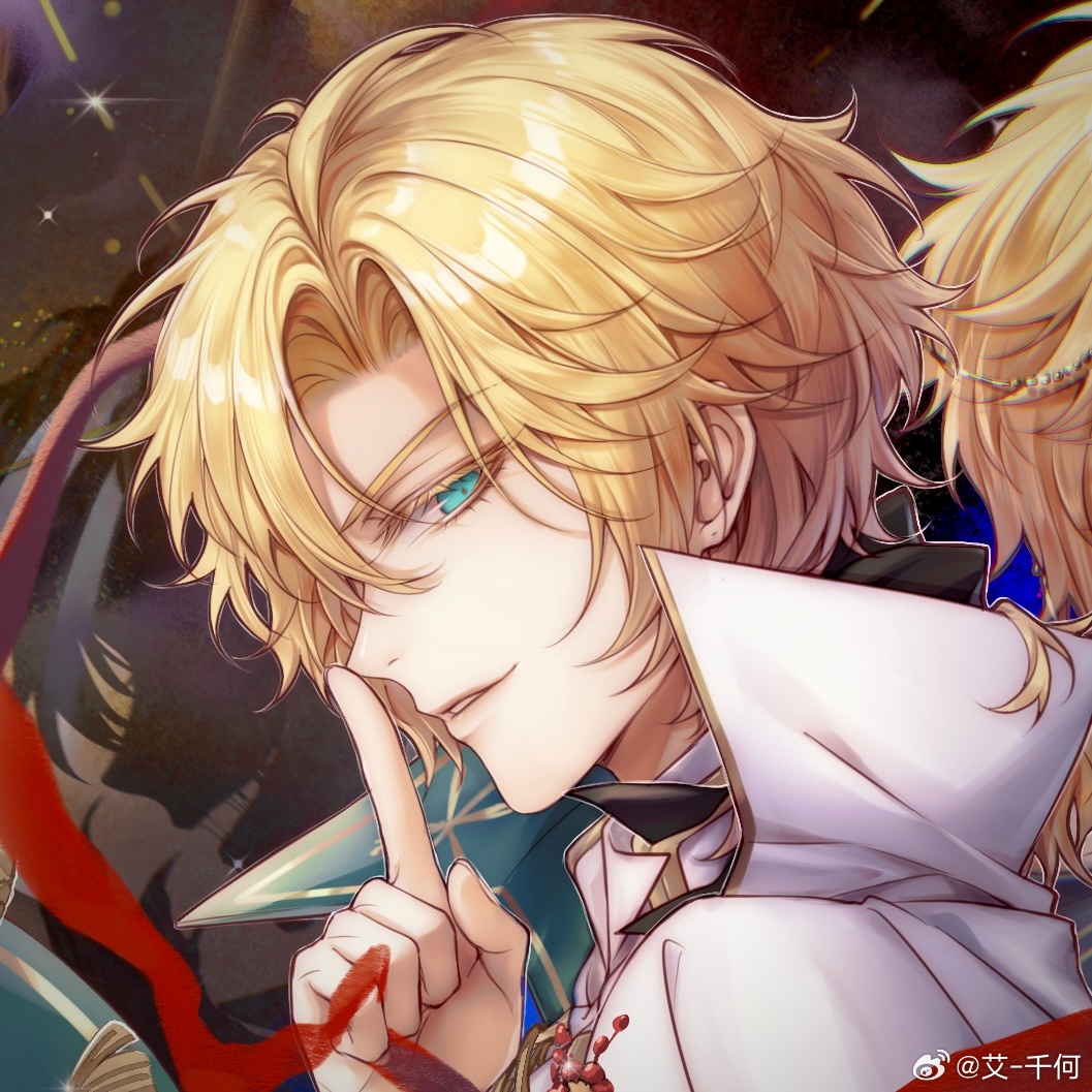 1boy, ai-qian_he, aqua_eyes, black_ribbon, blonde_hair, cape, chinese_commentary, collared_shirt, colored_eyelashes, curtained_hair, different_shadow, finger_to_mouth, green_cape, hair_between_eyes, hair_ribbon, holding, holding_ribbon, index_finger_raised, jacket, lars_rorschach, lars_rorschach_(infinite_empire), lips, looking_at_viewer, lovebrush_chronicles, male_focus, medium_hair, parted_lips, portrait, profile, red_ribbon, ribbon, shirt, shushing, sideways_glance, smile, solo, tassel, two-sided_cape, two-sided_fabric, watermark, weibo_watermark, white_cape, white_jacket