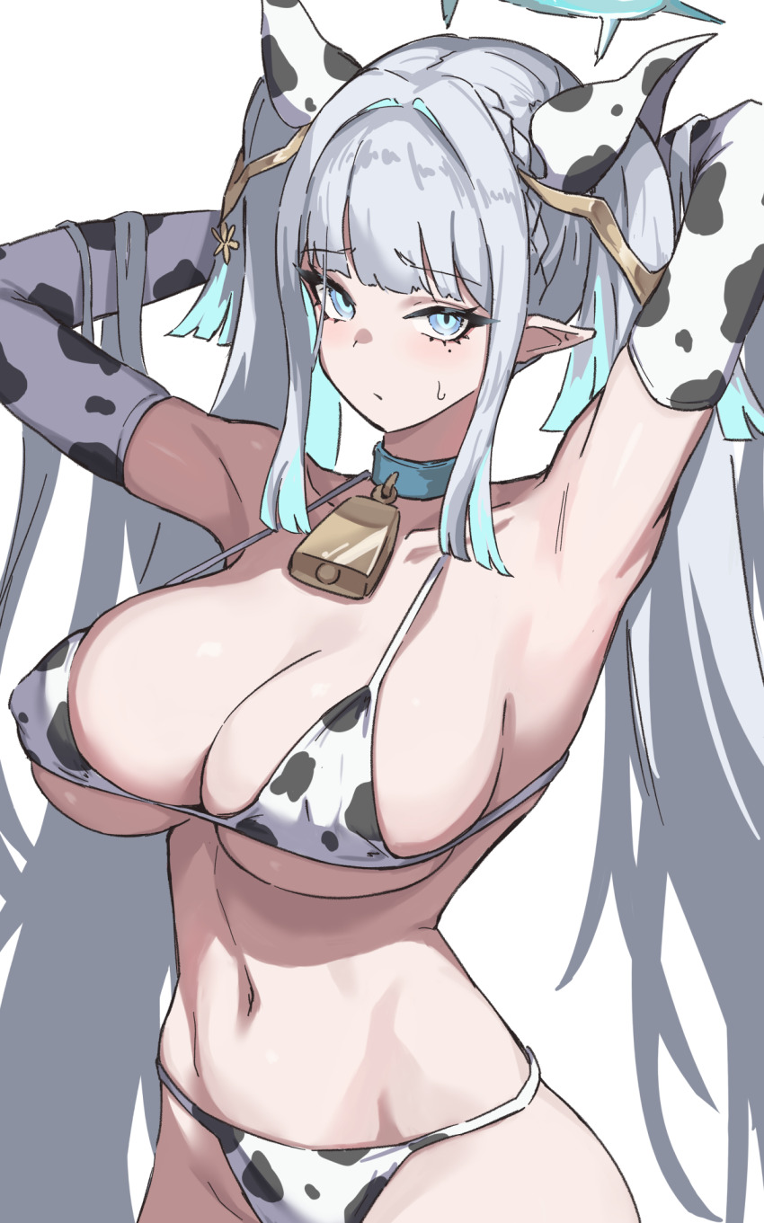 animal_ears, animal_print, aqua_eyes, armpits, arms_behind_head, arms_up, azur_lane, bell