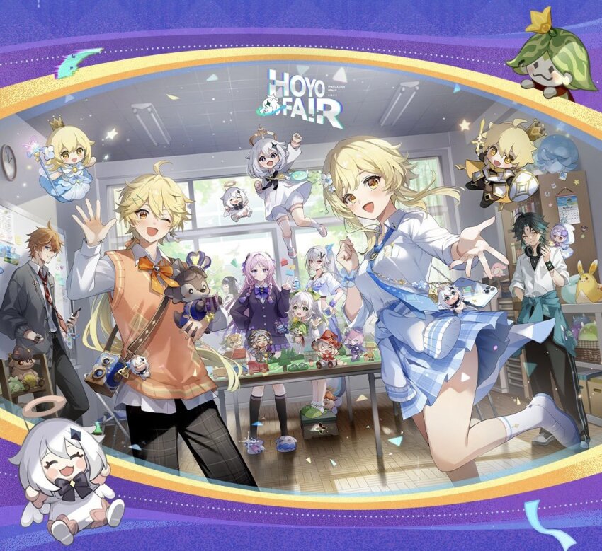 3boys, 5girls, aether_(genshin_impact), aether_(parallels_meet_school)_(genshin_impact), aqua_hair, aranara_(genshin_impact), arataki_itto, black_hair