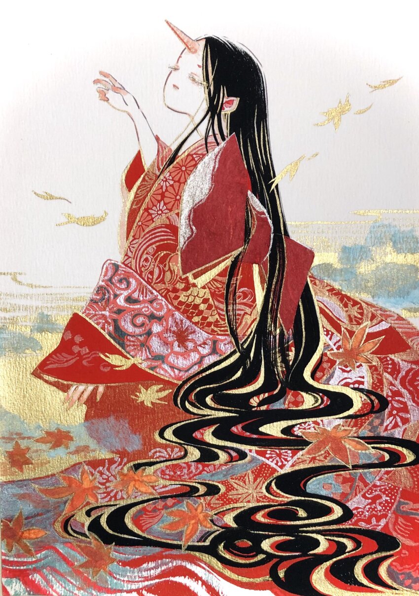 1girl, absurdly_long_hair, animal_print, arm_up, black_hair, closed_eyes, closed_mouth, colored_eyelashes