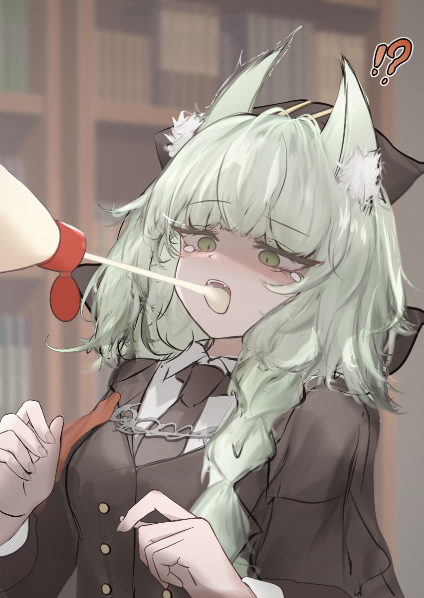 !?, 1girl, absurdres, animal_ear_fluff, animal_ears, arknights, black_jacket, black_necktie