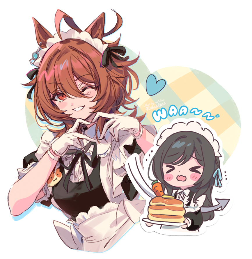>_<, 2girls, ;d, agnes_tachyon's_trainer, agnes_tachyon_(umamusume), ahoge, alternate_costume, animal_ears, apron, arrow_through_heart, black_dress, black_hair, black_ribbon, blush, brown_hair, carrot, chemical_structure, commentary_request, cropped_torso, dress, earrings, enmaided, female_trainer_(umamusume), food, four-finger_heart_hands, gloves, grin, hair_between_eyes, heart, heart_hands, holding, holding_plate, horse_ears, horse_girl, huge_ahoge, jewelry, long_hair, long_sleeves, looking_at_viewer, maid, maid_headdress, medium_hair, multiple_girls, neck_ribbon, one_eye_closed, open_mouth, pancake, pancake_stack, plate, puffy_short_sleeves, puffy_sleeves, red_eyes, ribbon, short_sleeves, single_earring, smile, trainer_(umamusume), umamusume, welchino, white_apron, white_gloves