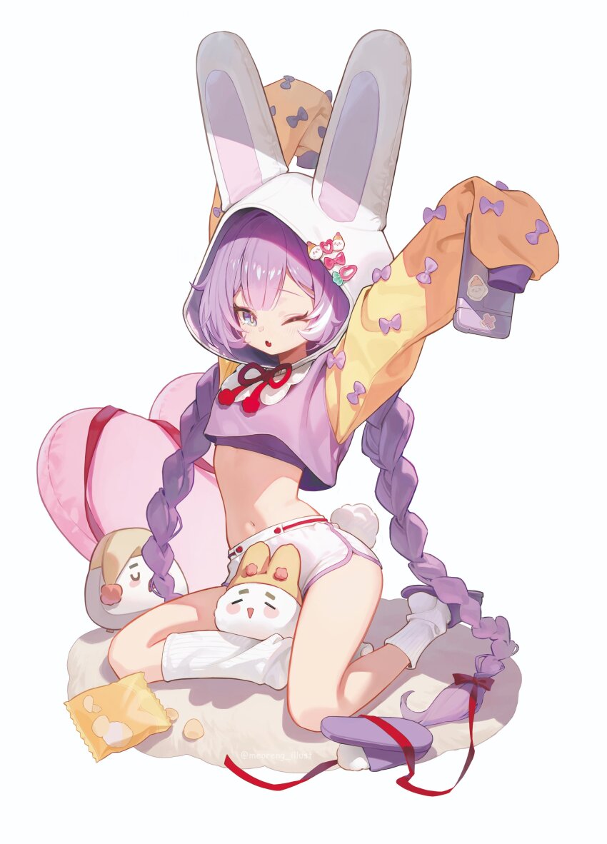 1girl, :o, absurdres, animal_ear_hood, arms_up, bag_of_chips, bow, braid