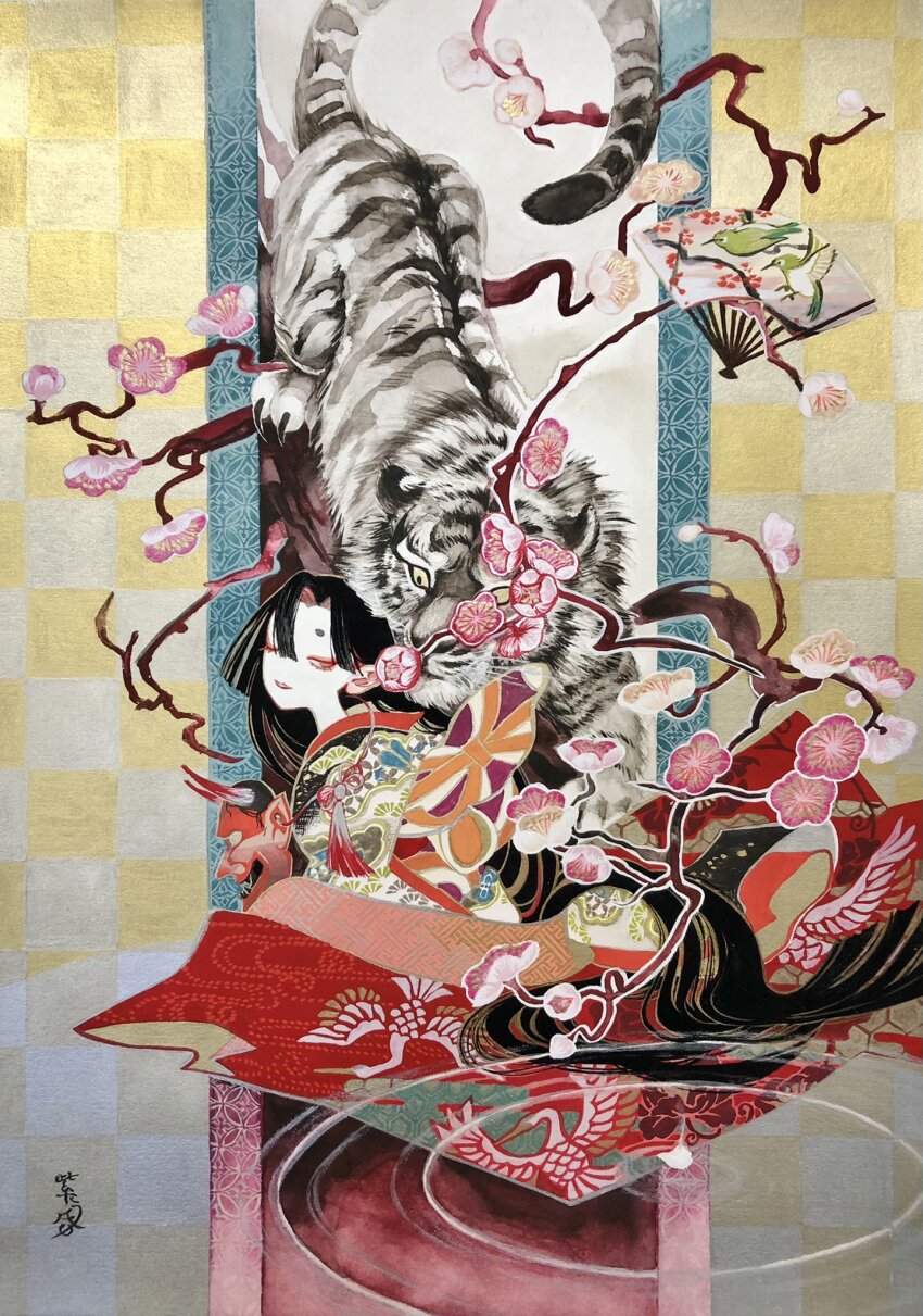 1girl, ;|, animal_print, black_hair, branch, cherry_blossoms, colored_skin, eyelashes