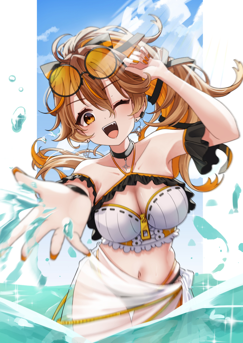 1girl, :d, ;d, absurdres, adjusting_eyewear, black_choker, blue_sky, breasts