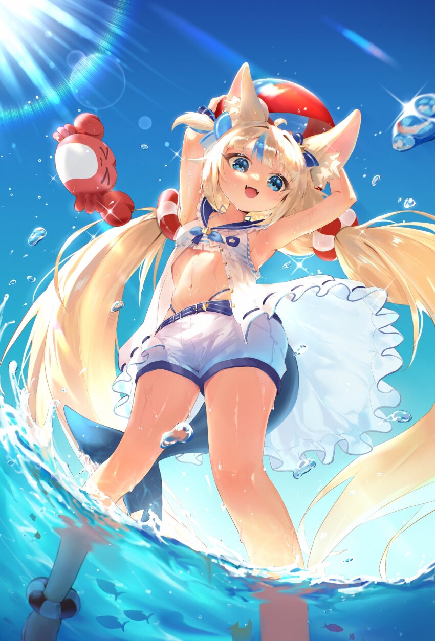 1girl, absurdres, ahoge, animal_ears, armpit_focus, armpits, arms_behind_head, arms_up, ball, bare_legs, beachball, blonde_hair, blue_eyes, blue_sailor_collar, blue_sky, blue_streaks, cat_ears, changlincl, day, fangs, fins, fish_tail, from_below, highres, holding, holding_ball, holding_beachball, indie_virtual_youtuber, kaniki_(sameko_saba), lens_flare, lifebuoy_hair_ornament, long_hair, looking_at_viewer, looking_down, low_twintails, midriff, multicolored_hair, navel, open_mouth, outdoors, panty_straps, sailor_collar, sameko_saba, shark_tail, short_shorts, shorts, sky, smile, solo, streaked_hair, sunlight, tail, tareme, thighs, twintails, very_long_hair, virtual_youtuber, wading, water, wet, white_shorts