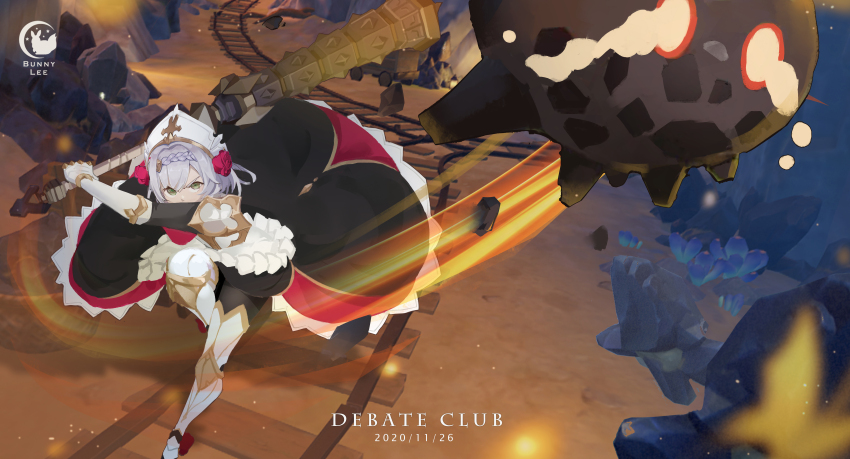 1girl, absurdres, armor, armored_dress, braid, braided_bangs, debate_club_(genshin_impact), dress