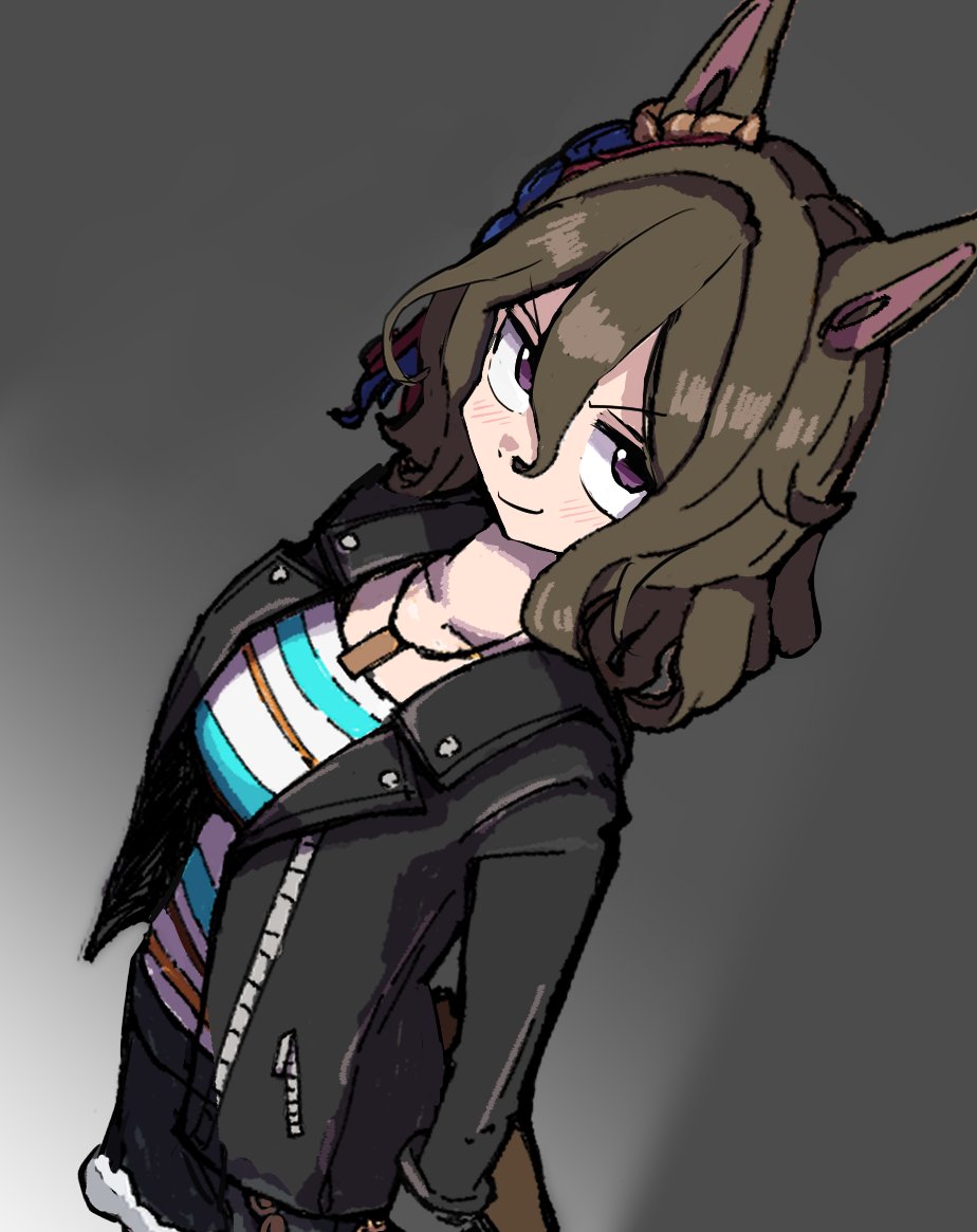 1girl, animal_ears, black_jacket, black_shorts, breasts, brown_hair, closed_mouth, ear_ornament