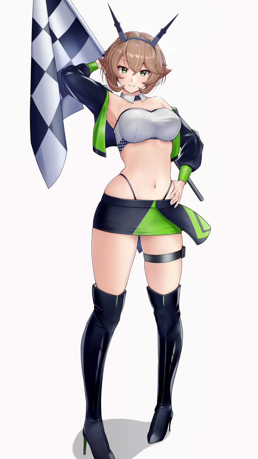 1girl, arm_up, bandeau, black_boots, black_jacket, black_panties, black_skirt, boots, breasts, brown_hair, checkered_flag, cosplay, cropped_jacket, detached_collar, flag, flipped_hair, full_body, green_eyes, green_jacket, green_skirt, grin, hand_on_own_hip, headgear, high_heel_boots, high_heels, highleg, highleg_panties, highres, holding, holding_flag, jacket, kantai_collection, large_breasts, mesera, microskirt, multicolored_jacket, mutsu_(kancolle), navel, panties, race_queen, radio_antenna, short_hair, skirt, smile, strapless, thigh_strap, tube_top, two-tone_jacket, two-tone_skirt, underwear, white_tube_top, zuikaku_(kancolle), zuikaku_(kancolle)_(cosplay), zuikaku_(race_queen)_(kancolle)