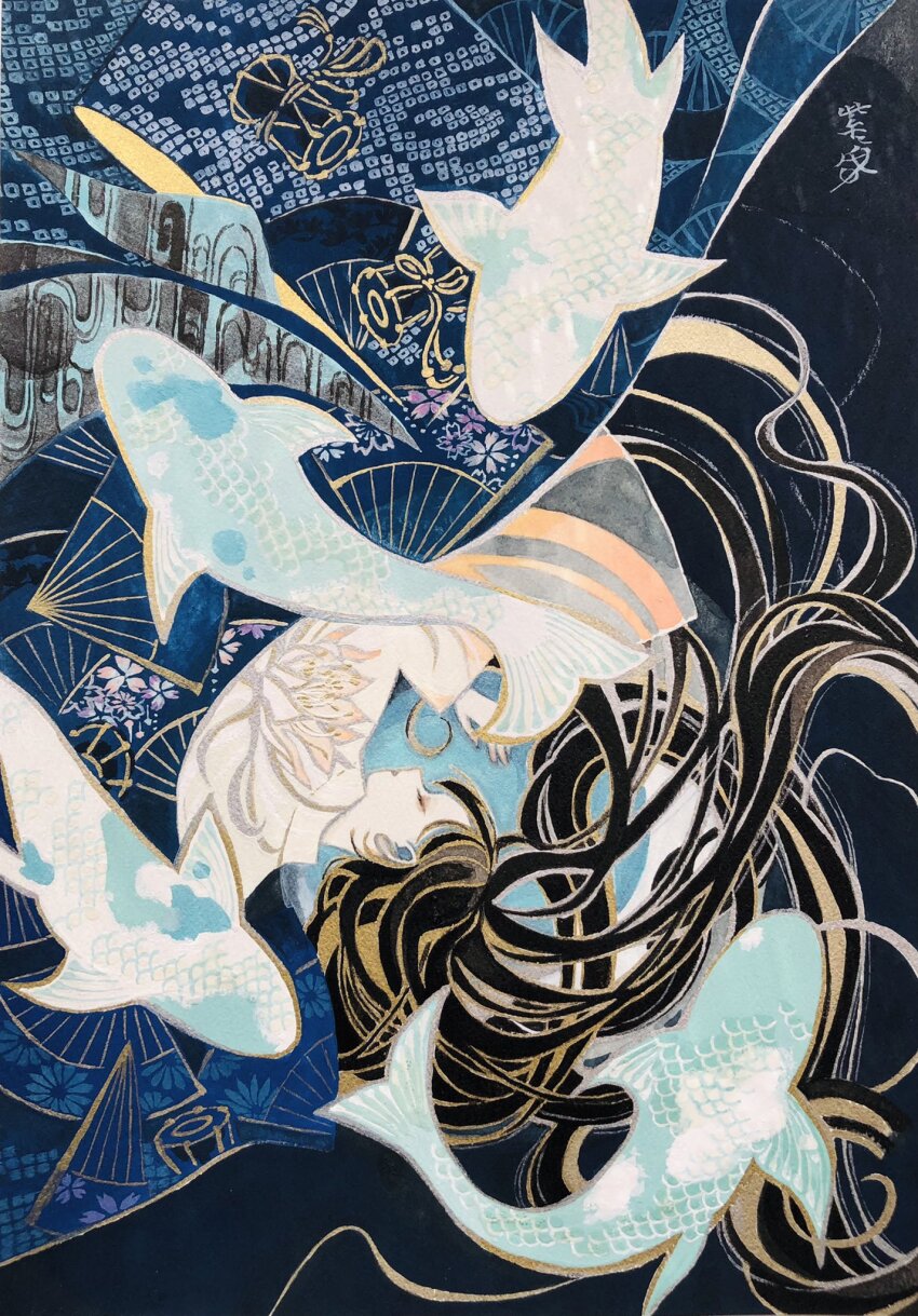 1girl, animal_print, black_hair, closed_eyes, closed_mouth, eyelashes, eyeshadow, floating_hair