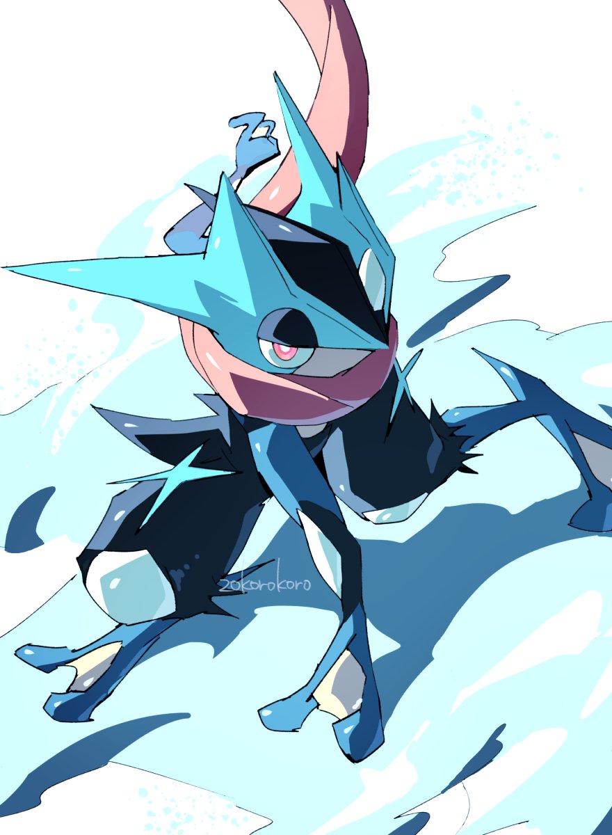 arm_support, blue_skin, colored_skin, gen_6_pokemon, greninja, highres, korosliszt, looking_at_viewer
