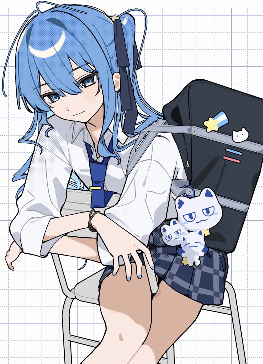 1girl, absurdres, blue_hair, chair, highres, hololive, hoshimachi_suisei, nail_polish, school_uniform, shirt, skirt, solo, tai_inukai, virtual_youtuber, white_shirt