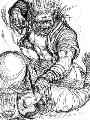 2boys, angry, beating, blood, breath_of_fire, breath_of_fire_iv, cray_(breath_of_fire), good_end, greyscale, lowres, missing_tooth, monochrome, multiple_boys, oekaki, punching, sketch, yuna_(breath_of_fire)