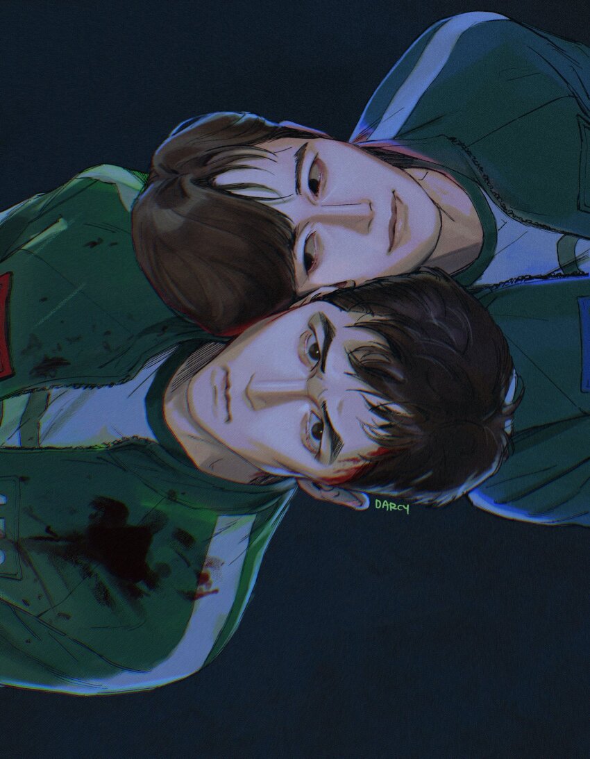 2boys, angry, black_eyes, black_hair, blood, blood_from_forehead, blood_on_clothes, green_track_suit, heads_together, highres, hwang_in-ho, looking_at_another, looking_at_viewer, male_focus, multiple_boys, runlikehellllll, seong_gi-hun, serious, shirt, short_hair, smirk, squid_game, track_suit, upper_body, white_shirt, yaoi