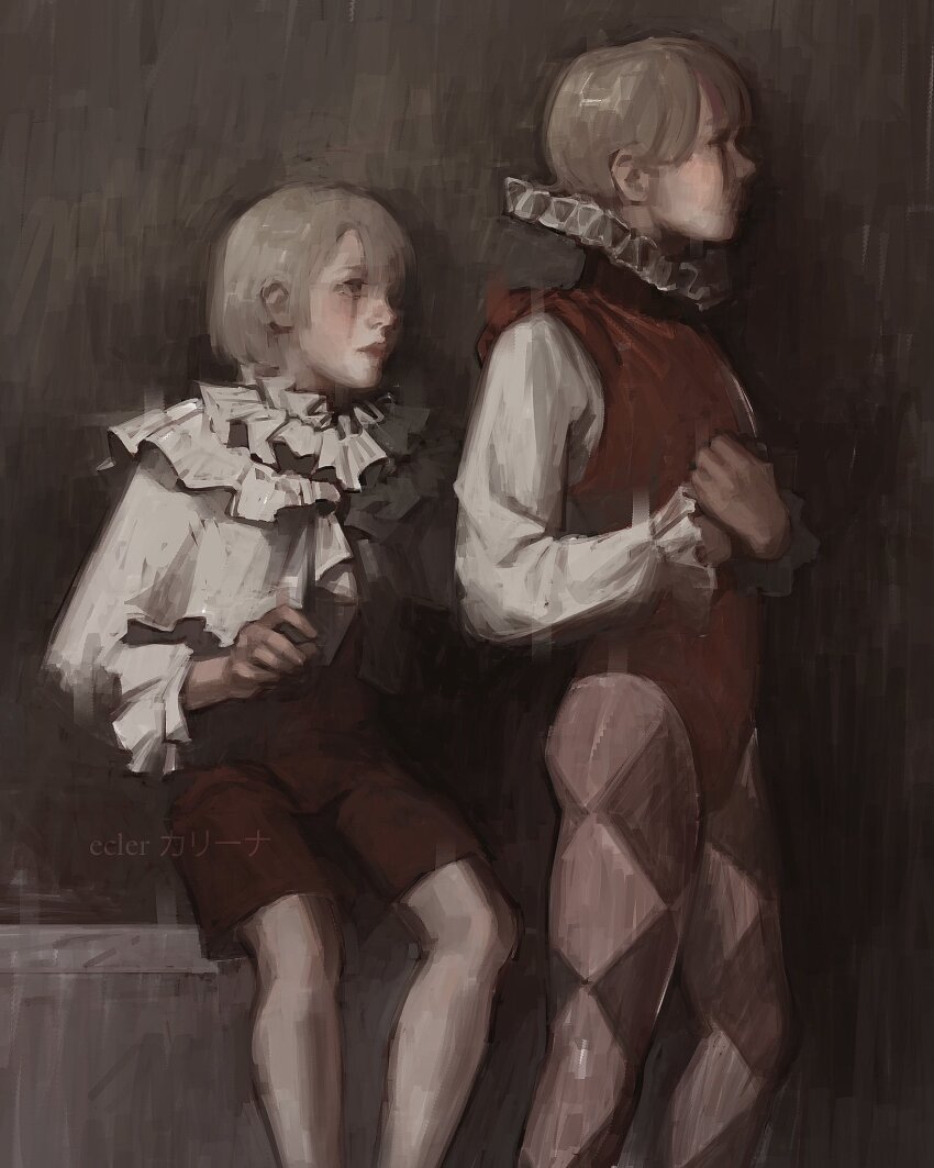 2boys, black_shorts, blonde_hair, brown_eyes, checkered_clothes, collar, ecler_ecler, feet_out_of_frame, freminet_(genshin_impact), frilled_collar, frilled_shirt, frills, genshin_impact, hand_on_own_stomach, hand_up, head_tilt, highres, holding_own_hand, looking_at_another, lyney_(genshin_impact), male_focus, multiple_boys, nervous, painterly, red_vest, scar, scar_across_eye, scar_on_face, shirt, short_hair, shorts, sitting, too_many, too_many_frills, vest, white_shirt