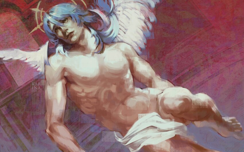 1boy, abs, blue_hair, brown_eyes, convenient_censoring, ecler_ecler, feathered_wings, foot_out_of_frame