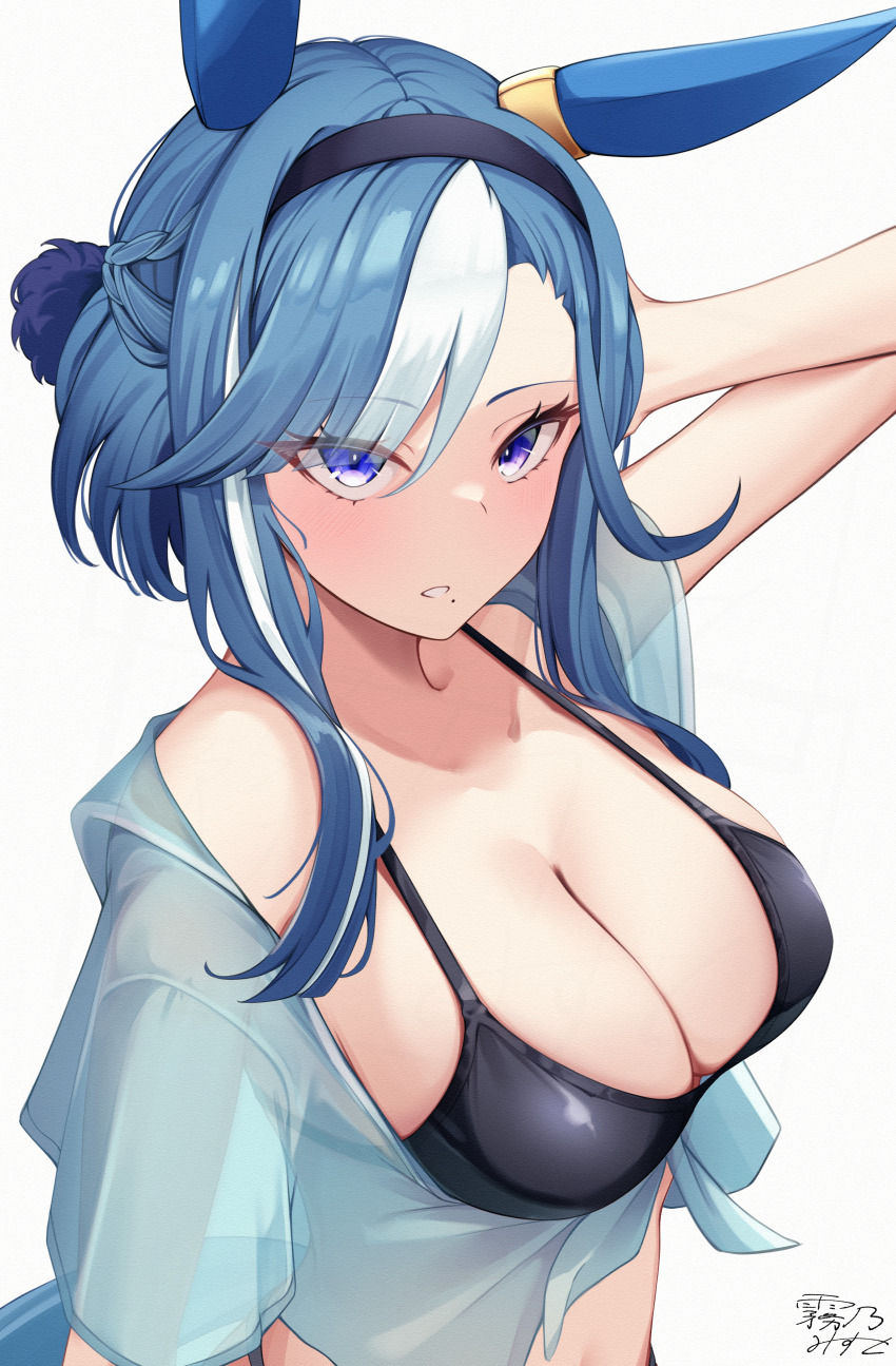 1girl, absurdres, admire_groove_(umamusume), alternate_costume, animal_ears, bikini, black_bikini, blue_hair