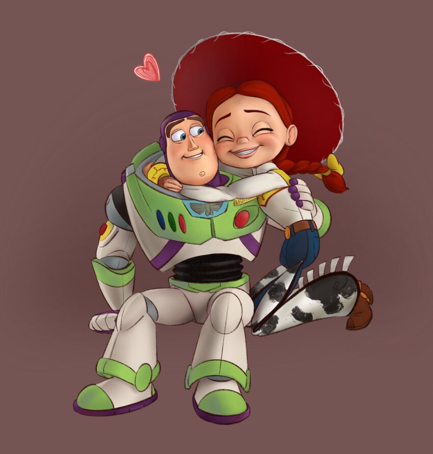 1boy, 1girl, aliz_reka, animal_print, blue_eyes, brown_background, buzz_lightyear, closed_eyes