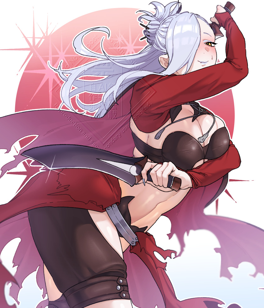 1girl, absurdres, blue_lips, blush, breasts, bridal_gauntlets, cape, chloe_von_einzbern, chloe_von_einzbern_(archer_install), chloe_von_einzbern_(archer_install)_(cosplay), cleavage, cosplay, eyeliner, fate/grand_order, fate/kaleid_liner_prisma_illya, fate_(series), hair_bun, hair_ornament, hair_over_one_eye, hairpin, half_updo, highres, hiyayaako, kanshou_&amp;_bakuya_(fate), large_breasts, long_hair, long_sleeves, looking_at_viewer, makeup, hebi_nyoubou_(fate), navel, red_cape, red_shrug, showgirl_skirt, shrug_(clothing), smile, solo, sword, thighs, weapon, white_hair, yellow_eyes