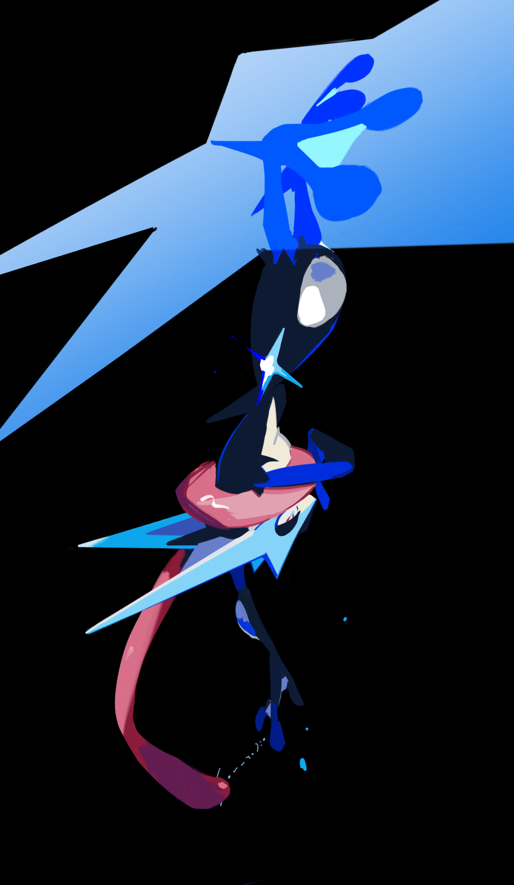 arm_up, black_background, blue_skin, colored_skin, gen_6_pokemon, greninja, highres, mega_greninja, mega_pokemon, nintendo, pokemon, pokemon_(creature), pokemon_focus, profile, red_eyes, scarf, standing, tongue, upside-down, usduvi
