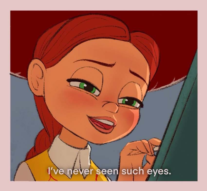 1girl, aliz_reka, border, english_text, green_eyes, hat, jessie_the_yodeling_cowgirl, long_hair