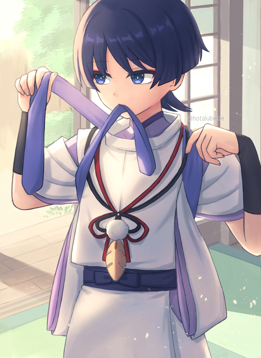 1boy, absurdres, armor, black_bow, black_hair, black_sash, blunt_ends, bow