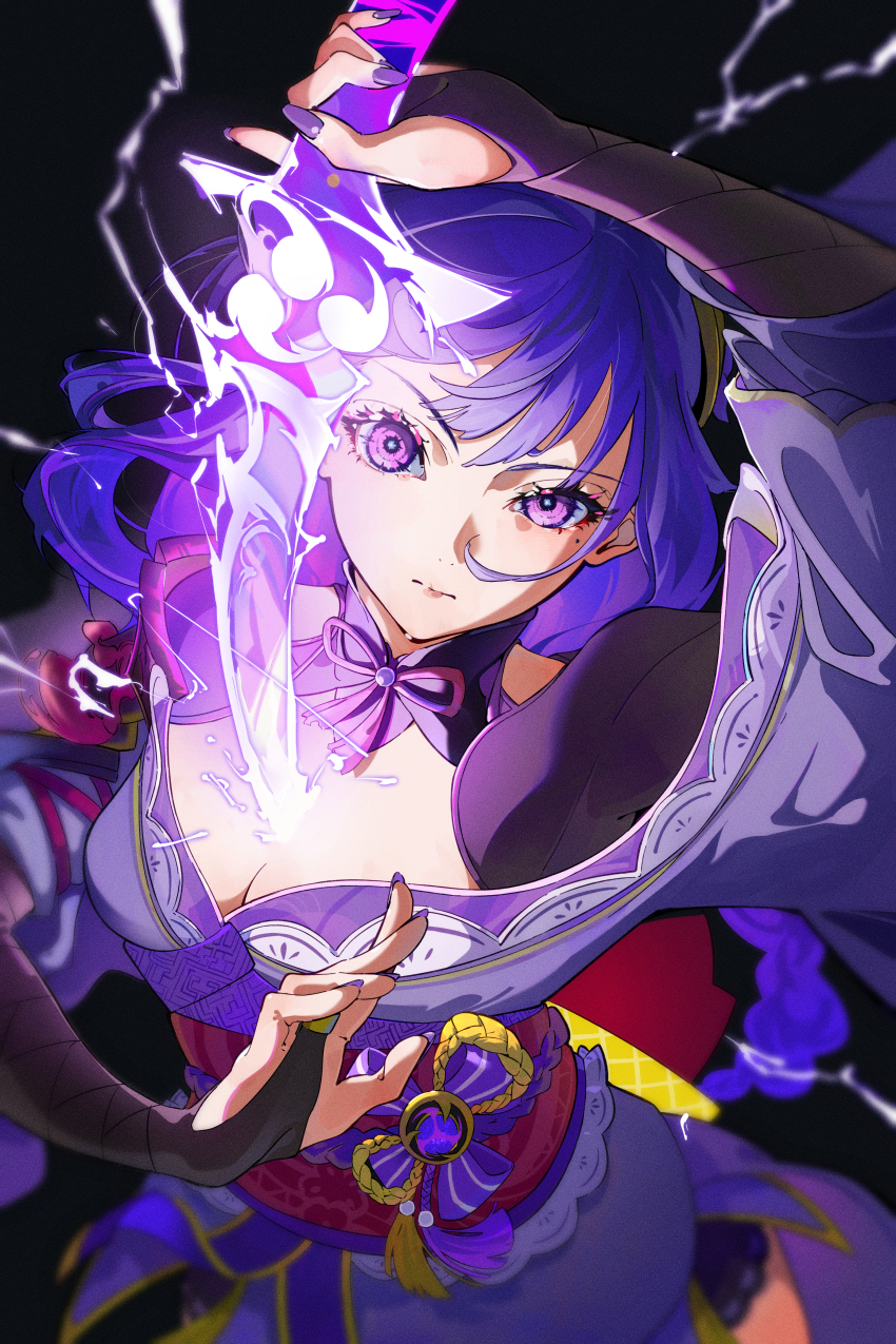 1girl, absurdres, black_background, braid, breasts, bridal_gauntlets, cleavage, genshin_impact