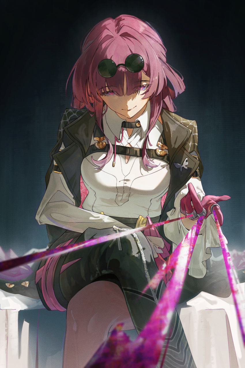 1girl, absurdres, black_background, black_boots, black_jacket, boots, breasts, chest_harness, crossed_legs, eyewear_on_head, gin_s, glasses, gloves, harness, highres, honkai:_star_rail, honkai_(series), jacket, kafka_(honkai:_star_rail), large_breasts, looking_at_viewer, pantyhose, pince-nez, purple_eyes, purple_gloves, purple_hair, purple_pantyhose, reaching, reaching_towards_viewer, round_eyewear, shirt, single_thigh_boot, sitting, smile, solo, spider_web_print, thigh_boots, thread, white_shirt