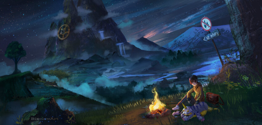 bixclowart, bonfire, digimon, digimon_world, gabumon, hat, highres, mameo_(digimon)