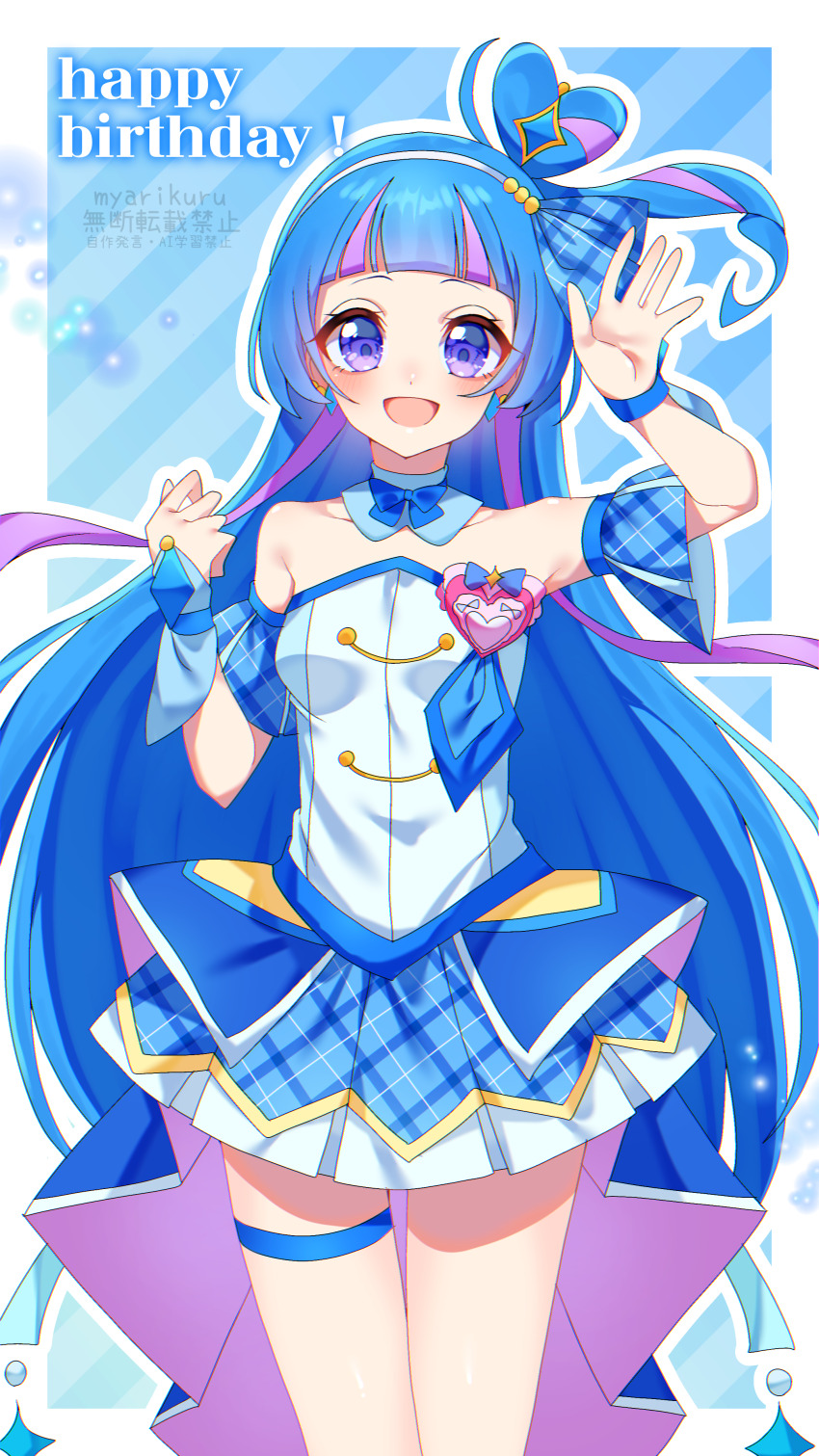 1girl, :d, absurdres, aokaze_nana, arm_up, artist_name, blue_background, blue_bow