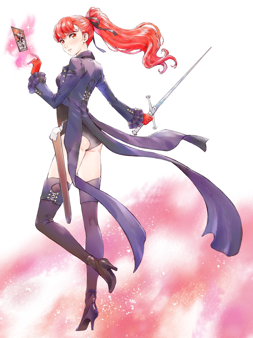 1girl, absurdres, ass, black_jacket, black_leotard, black_ribbon, black_shoes, black_thighhighs, breasts, closed_mouth, from_side, full_body, gloves, hair_ribbon, high_heels, highres, holding, holding_sword, holding_weapon, jacket, layered_sleeves, leotard, long_hair, long_sleeves, momo_oddeye, orange_eyes, persona, persona_5, persona_5_the_royal, ponytail, pumps, red_gloves, red_hair, ribbon, shoes, small_breasts, solo, sword, thighhighs, weapon, yoshizawa_kasumi