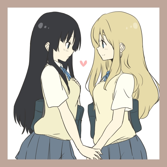 2girls, akiyama_mio, bag, black_hair, blonde_hair, hand_on_another's_chest, heart, holding_hands