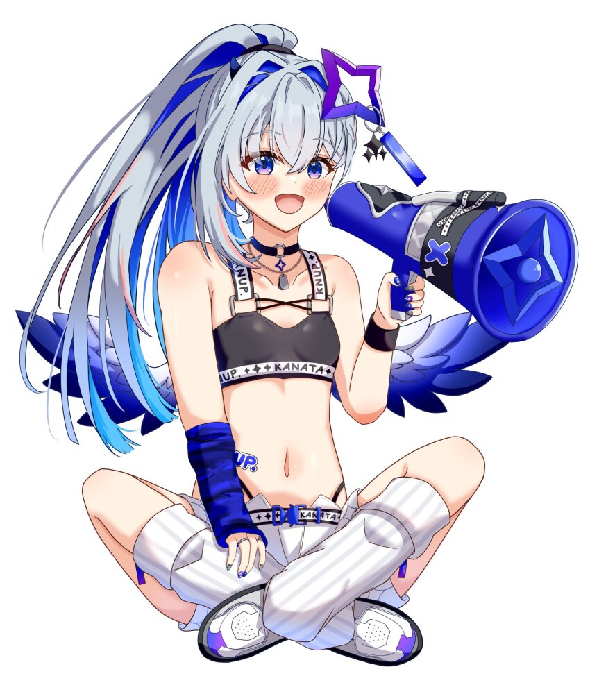 1girl, :d, akagawashake, amane_kanata, amane_kanata_(lock_on), arm_warmers, black_sports_bra, blue_arm_warmers