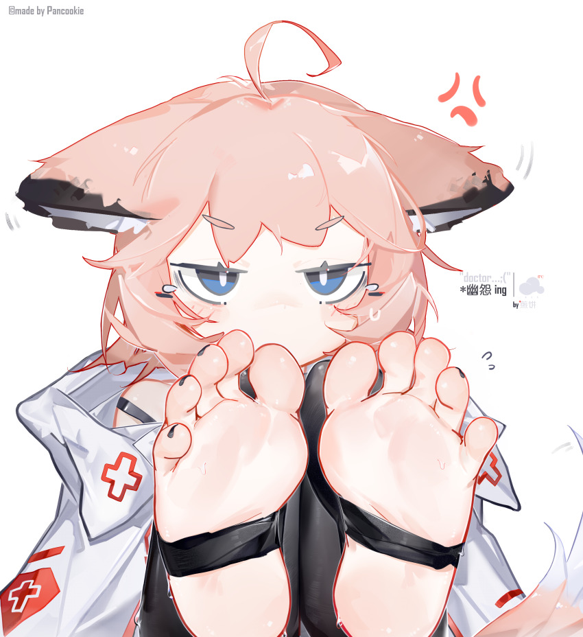 1girl, absurdres, ahoge, anger_vein, animal_ears, arknights, black_nails, blue_eyes