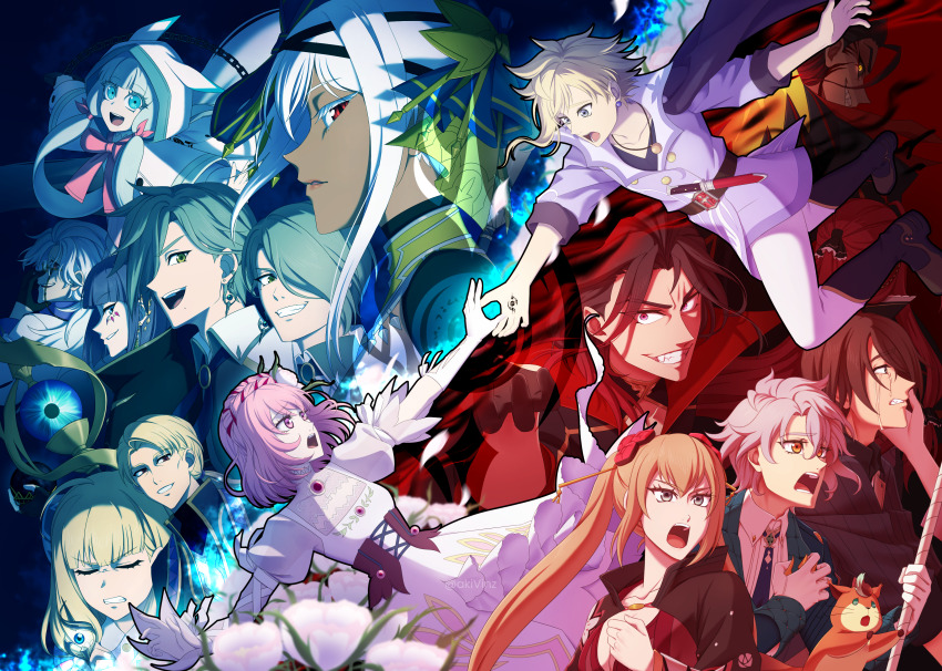 1girl, 6+boys, 6+girls, absurdres, black_hair, blonde_hair, character_request, grey_hair