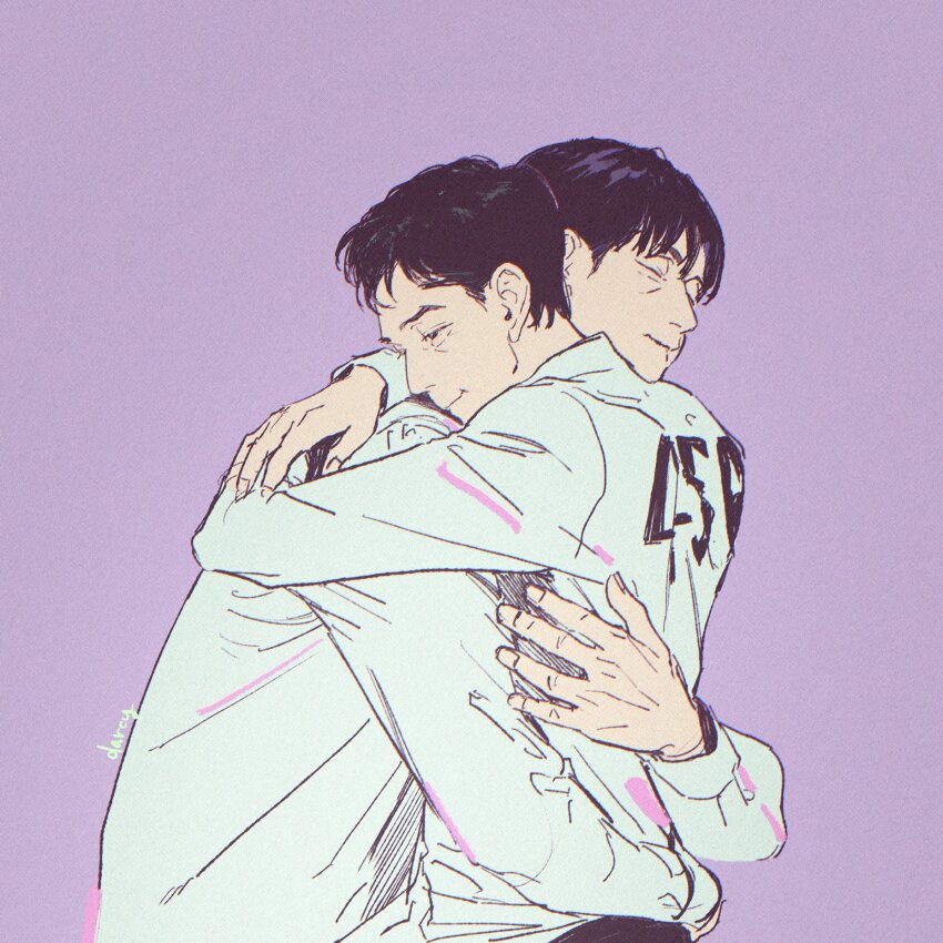 2boys, bags_under_eyes, black_eyes, black_hair, clothes_writing, exhaust, highres, hug