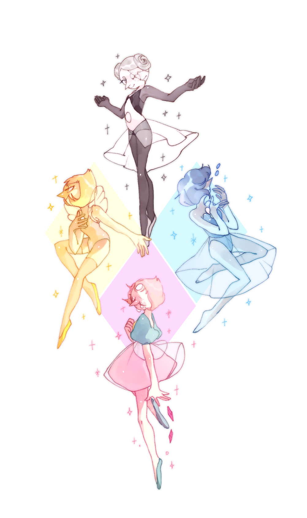 ballerina, ballet_dress, ballet_slippers, blue_pearl_(steven_universe), dress, forehead_jewel, full_body, gem, gem_(steven_universe), highres, homeworld_gem_uniform, multiple_girls, neo_rri, official_alternate_costume, pearl_(original_form)_(steven_universe), pearl_(species)_(steven_universe), pearl_(steven_universe), pink_pearl_(steven_universe), puffy_sleeves, short_hair, steven_universe, stomach_jewel, yellow_pearl_(steven_universe)