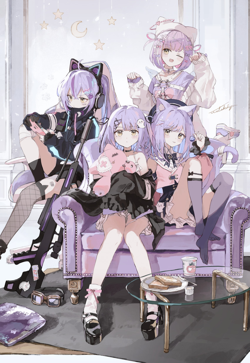 4girls, animal_ear_fluff, animal_ear_headphones, animal_ears, bare_legs, black_coat, black_jacket, black_shoes
