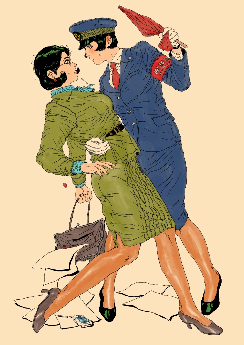 2girls, absurdres, bag, blue_jacket, blue_skirt, carrying, carrying_person, green_hair