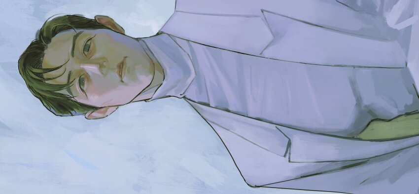 1boy, alternate_costume, black_eyes, black_hair, blank_stare, coat, crew_neck, hair_slicked_back, highres, looking_at_viewer, male_focus, open_clothes, open_coat, parted_lips, runlikehellllll, seong_gi-hun, shirt, short_hair, sideways, solo, squid_game, the_salesman_(squid_game), white_coat, white_shirt