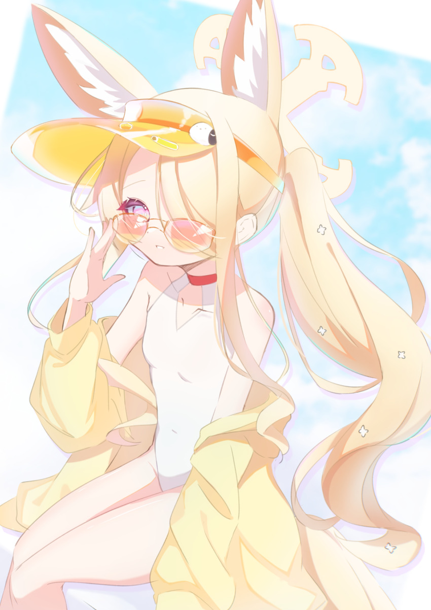 1girl, absurdres, adjusting_eyewear, animal_ear_fluff, animal_ears, bare_legs, bare_shoulders, barme_(mxkx7572), blonde_hair, blue_archive, breasts, collarbone, covered_navel, cross_halo, diamond_cutout, dot_nose, extra_ears, feet_out_of_frame, fox_ears, fox_girl, gradient_eyes, hair_over_one_eye, halo, hand_on_eyewear, hand_up, highleg, highleg_one-piece_swimsuit, highres, jacket, loli, long_hair, long_sleeves, looking_at_viewer, multicolored_eyes, off_shoulder, one-piece_swimsuit, one_eye_covered, orange-tinted_eyewear, parted_lips, seia_(blue_archive), seia_(swimsuit)_(blue_archive), side_ponytail, sitting, small_breasts, solo, sunglasses, swimsuit, thighs, tinted_eyewear, very_long_hair, visor_cap, white_one-piece_swimsuit, yellow_eyes, yellow_halo, yellow_jacket, yellow_visor