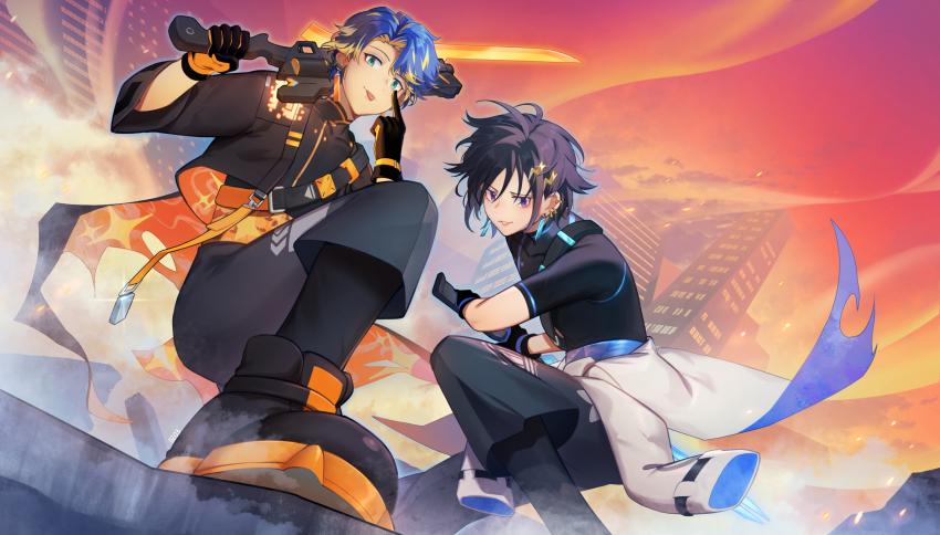 2boys, :p, akanbe, animal_ears, aqua_eyes, astel_leda, astel_leda_(3rd_costume), black_gloves, black_hair, black_jacket, black_leggings, black_pants, black_shirt, black_shoes, blonde_hair, blue_hair, building, chest_strap, clothes_around_waist, colored_shoe_soles, commentary, covered_eyes, cropped_jacket, curtained_hair, dusk, ear_piercing, earrings, eyelid_pull, fake_animal_ears, fighting_stance, from_below, frown, gloves, gun, gunblade, hair_between_eyes, hair_ornament, highres, holding, holding_gun, holding_sword, holding_weapon, holostars, jacket, jacket_around_waist, jewelry, kanade_izuru, kanade_izuru_(7th_costume), leggings, lightning_bolt, lightning_bolt_hair_ornament, lightning_bolt_symbol, looking_at_viewer, male_focus, mechanical_ears, mono_(bluesky), multicolored_hair, multiple_boys, official_alternate_costume, on_one_knee, open_clothes, open_jacket, orange_gloves, orange_jacket, orange_sky, outdoors, over_shoulder, pants, parted_lips, piercing, purple_eyes, ready_to_draw, shirt, shoes, short_hair, short_sleeves, shoulder_belt, sky, skyscraper, smug, streaked_hair, swept_bangs, sword, untranslatable_commentary, tassel, tassel_earrings, three-quarter_sleeves, tongue, tongue_out, two-sided_fabric, two-sided_gloves, two-sided_jacket, two-tone_gloves, two-tone_hair, virtual_youtuber, weapon, weapon_over_shoulder, white_jacket