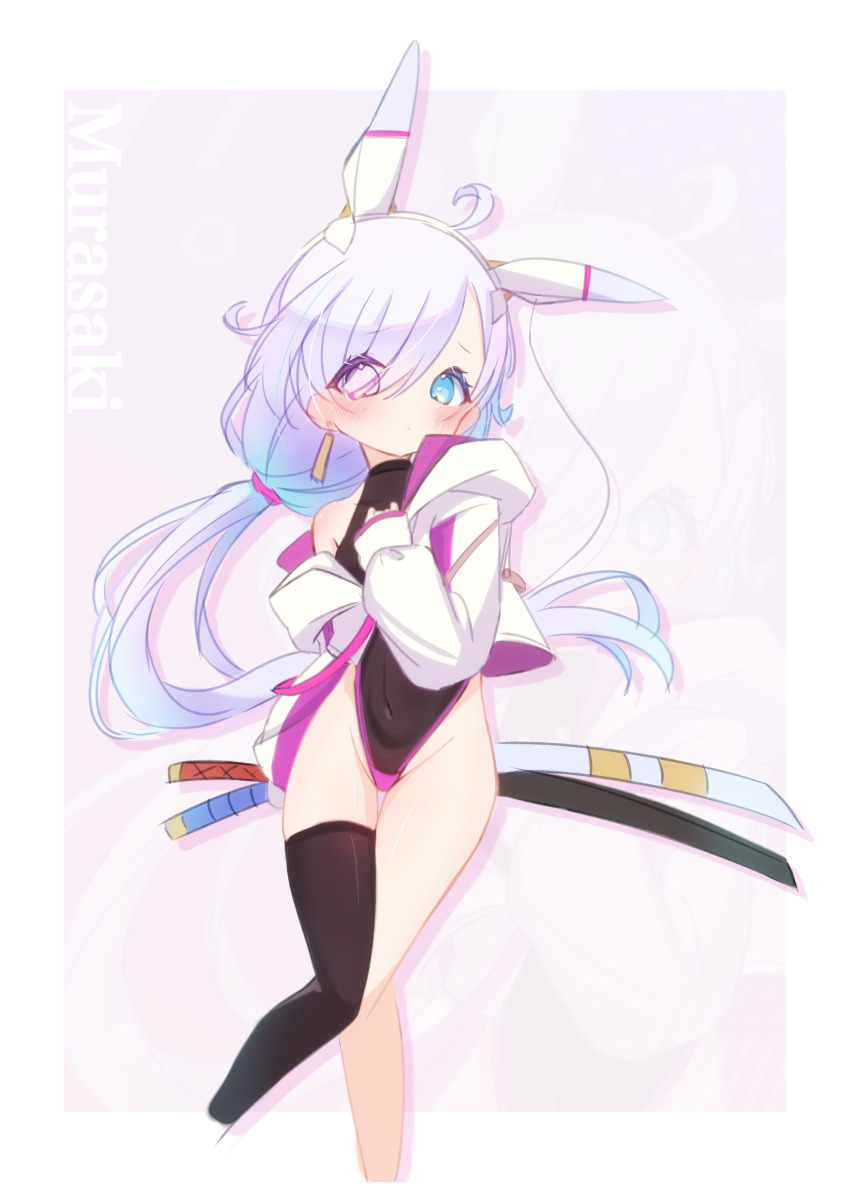1girl, absurdres, animal_ears, barme_(mxkx7572), black_leotard, black_thighhighs, covered_navel, fake_animal_ears, groin, heterochromia, highleg, highleg_leotard, highres, hood, jacket, leotard, long_hair, original, single_thighhigh, solo, thighhighs, thighs, twintails, white_hair, white_hood, white_jacket