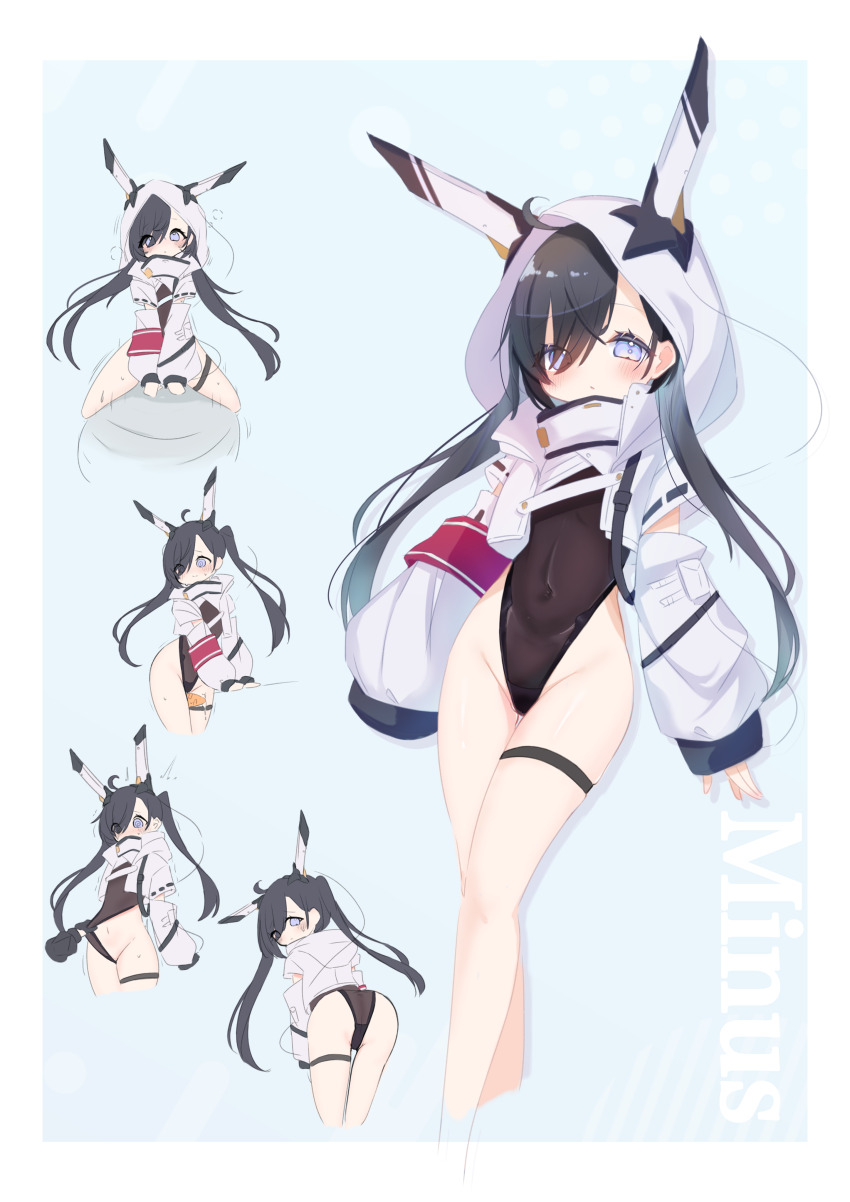 1girl, absurdres, animal_ears, ass, barme_(mxkx7572), black_hair, black_leotard, blue_eyes