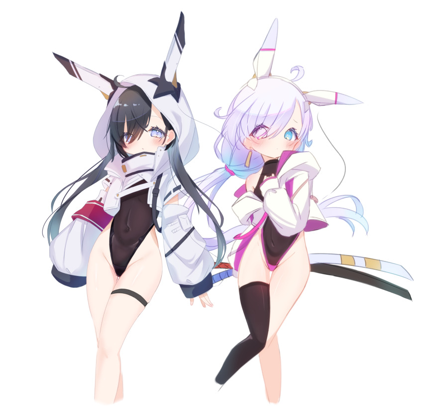 2girls, absurdres, animal_ears, barme_(mxkx7572), black_hair, black_leotard, black_thighhighs, blue_eyes, covered_navel, fake_animal_ears, groin, heterochromia, highleg, highleg_leotard, highres, hood, jacket, leotard, long_hair, multiple_girls, original, single_thighhigh, thigh_strap, thighhighs, thighs, twintails, white_hair, white_hood, white_jacket