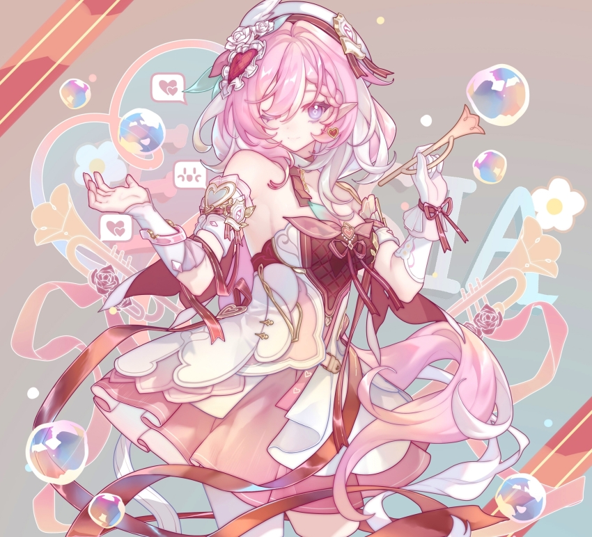 1girl, ;), absurdres, air_bubble, bare_shoulders, beret, breasts, bubble