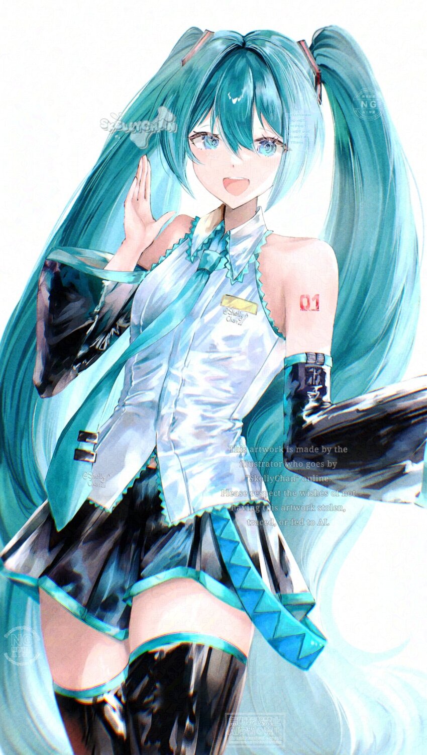 1girl, aqua_eyes, aqua_hair, aqua_necktie, black_skirt, black_sleeves, detached_sleeves, grey_shirt, hatsune_miku, highres, long_hair, looking_at_viewer, necktie, number_tattoo, pleated_skirt, shirt, skellychan, skirt, solo, tattoo, twintails, vocaloid